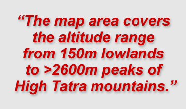 "The map area covers the altitude range from 150m lowlands to >2600m peaks of High Tatra mountains."