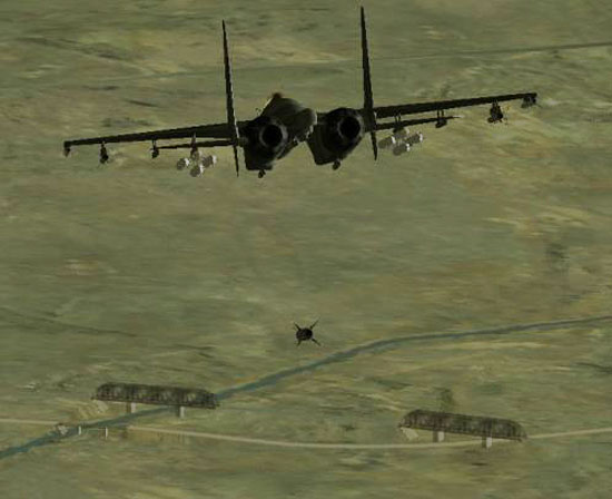I then oriented the aircraft to the first bridge, and locked onto the laser designator, then fired.
