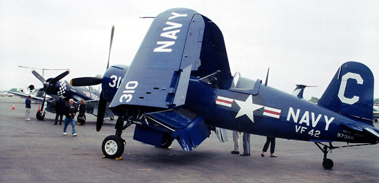 The American Airpower Heritage Museum's FG-1D 'Skyboss,' and Connecticut-built F4U-4 of Tri-State Warbird Collection, Wahpeton, ND.