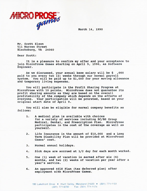 My offer letter from MicroProse
