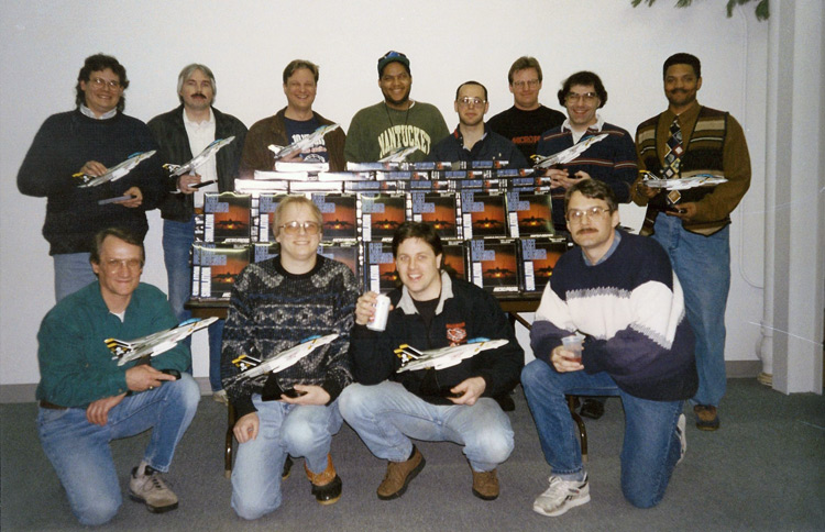 Part of the FD development team from ship party. Back row L to R- Max Remington, Scott Spanburg, Ned Way, Vaughn Thomas, David Ginsburg, Michael McDonald, Jim McConkey, Christopher Clark. Front row L to R- Carl Knoch, Scott Elson, Terrence Hodge, Lawrence Russell