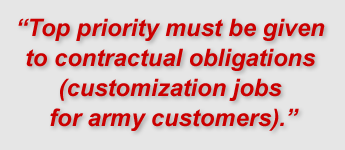 "Top priority must be given to contractual obligations (customization jobs for army customers)."