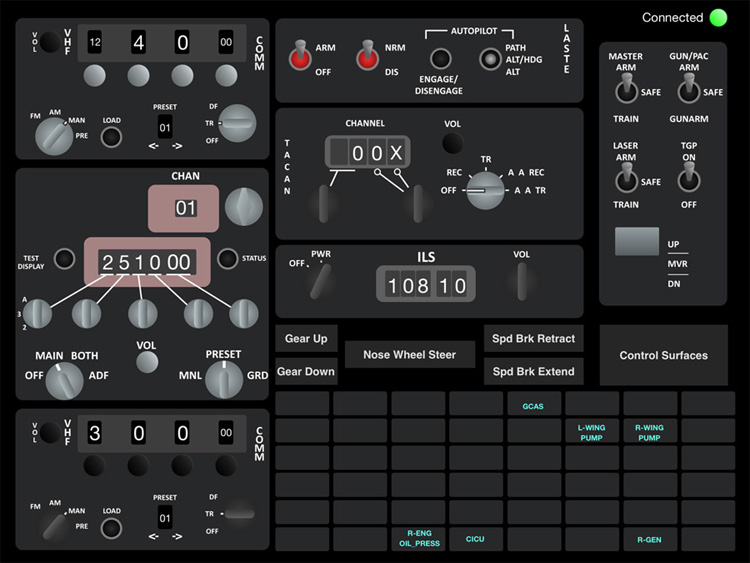 iControl DCS - The radio and caution panel page.