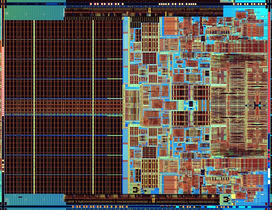 Processor die from the Intel® Core 2 Duo processor and the Intel® Core 2 Extreme.