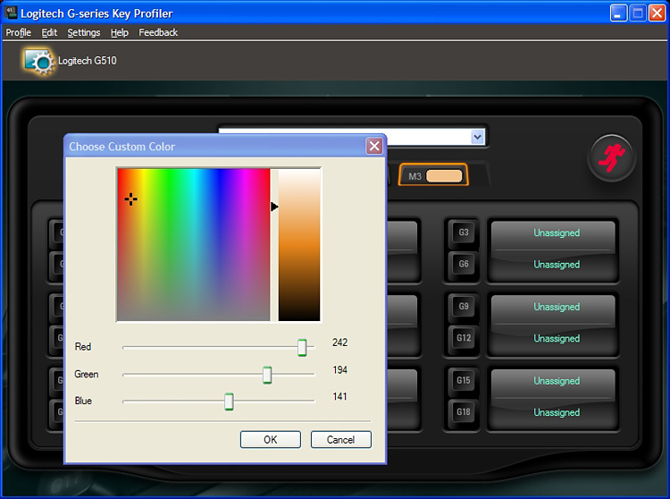 Logitech G510 Keyboard - The Profiler is also where custom backlighting colors for each mode can be selected