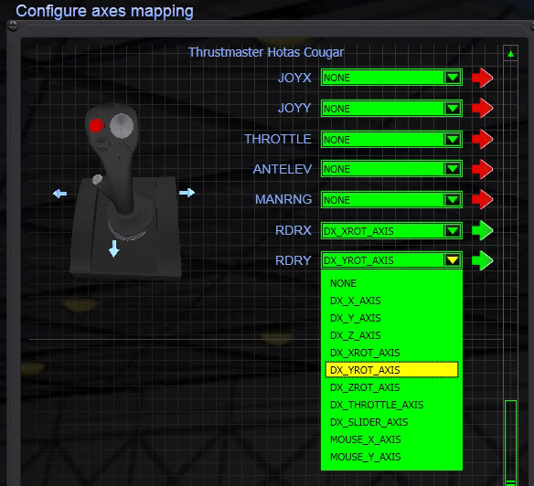 The HOTAS Cougar rudder axis cannot be assigned to a DirectX axis in the T.A.R.G.E.T. GUI