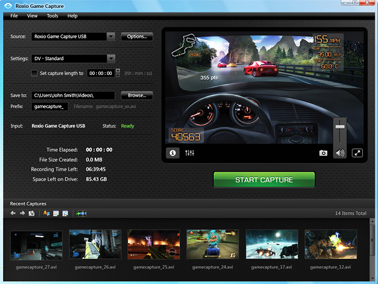 Roxio Game Capture screen