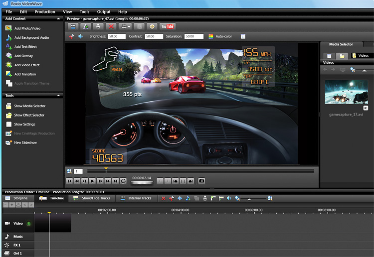 Roxio VideoWave editing screen