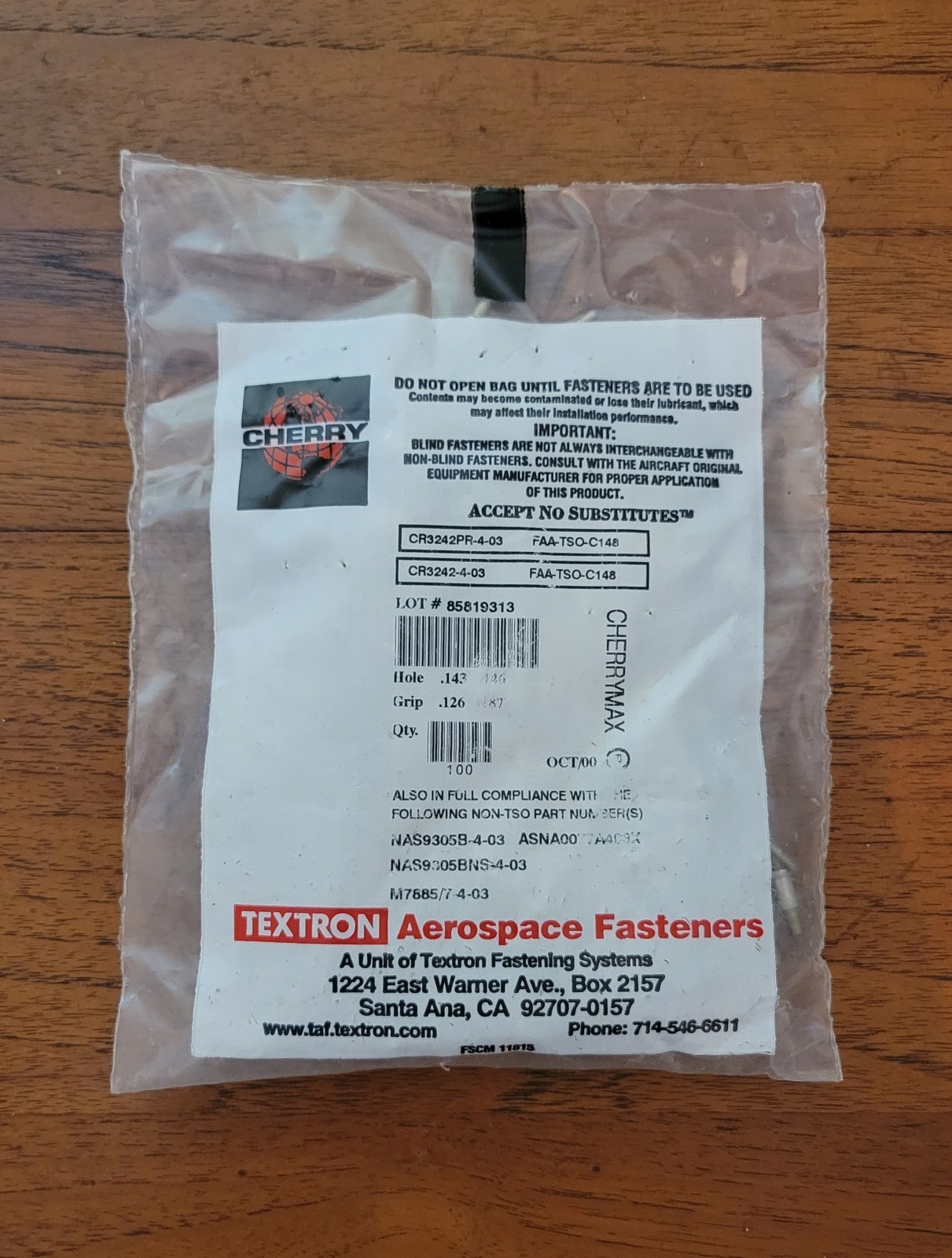 Cherrymax Cherry CR3242-4-03 (QTY 100) Rivets Aerospace Aviation NAS9305B-4-03 Cherrymax Cherry CR3242-4-03 (QTY 100) Rivets Aerospace Aviation NAS9305B-4-03