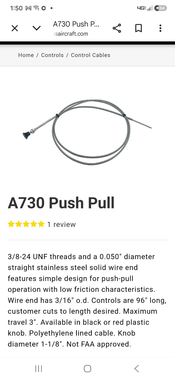 ACS Aircraft A730 Bl 0960 Push Pull Cable P/N A 730 New old Stock ACS Aircraft A730 Bl 0960 Push Pull Cable P/N A 730 New old Stock